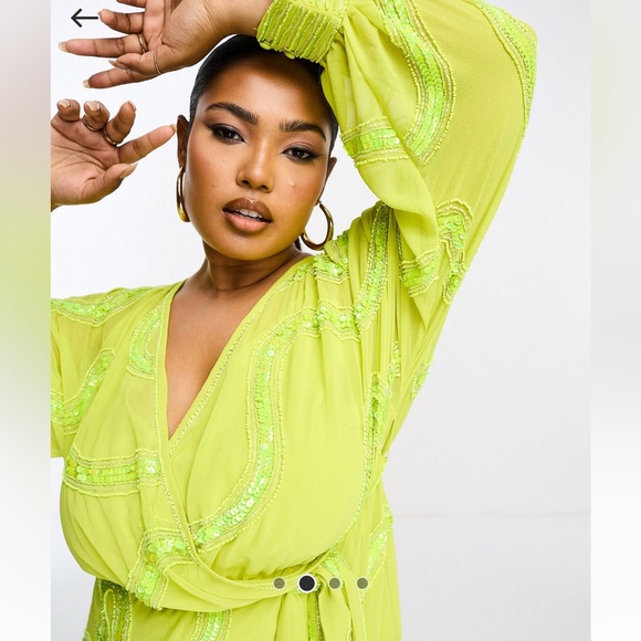 ASOS DESIGN Curve rouleaux loop tie waist mini dress with swirl embellishment - Picture 2 of 3